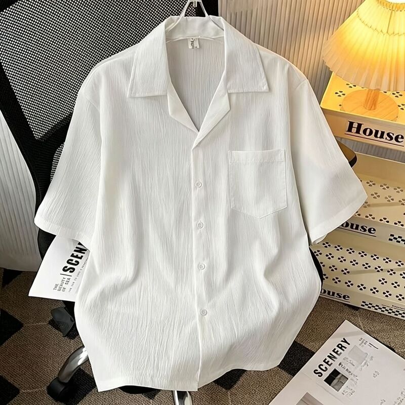 Men's Short-Sleeve Ice Silk Shirt, Japanese Style Loose Cuban Collar Shirt, Summer Trendy Design, Stylish Top, Thin Style