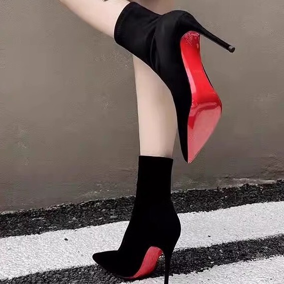 2025 New Sexy Black Red Bottom Versatile Short Boots for Women Stiletto Pointed Toe Suede Elastic Slim Boots High Heels for Women