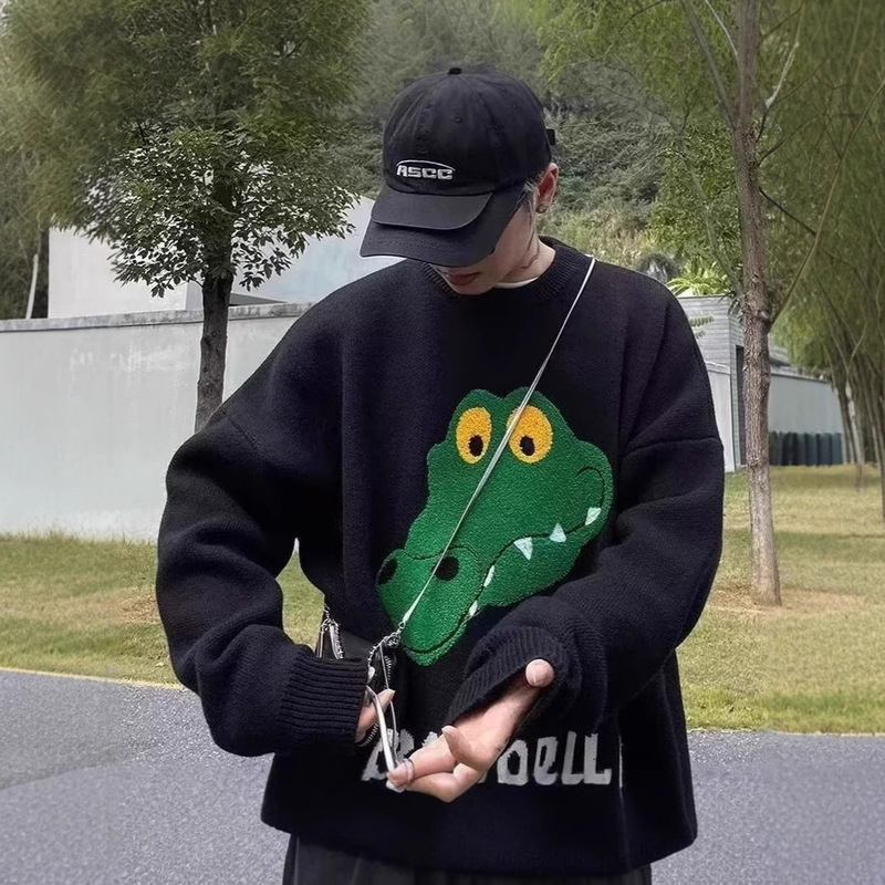 High Street Neutral Style Original Towel Embroidered Crocodile Head Sweater Trendy Men's and Women's Lazy Style Autumn and Winter Cartoon Knitted Sweater