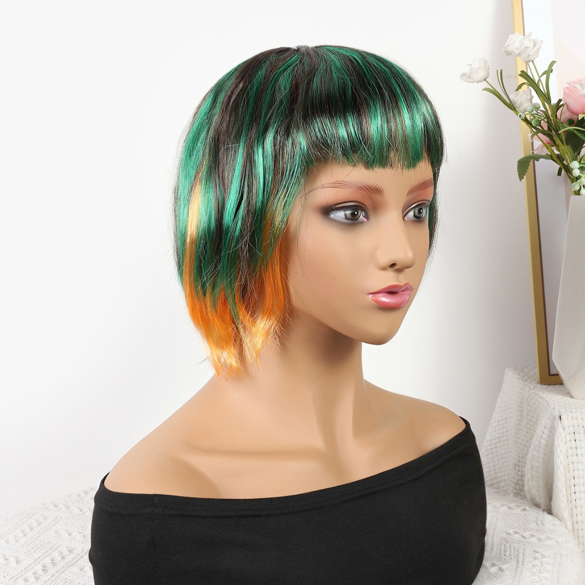 Transfronterizo nuevo verde-naranja mezcla gradiente largo recto 12 pulgadas sin encaje pelo recto europeo y brasileño peluca