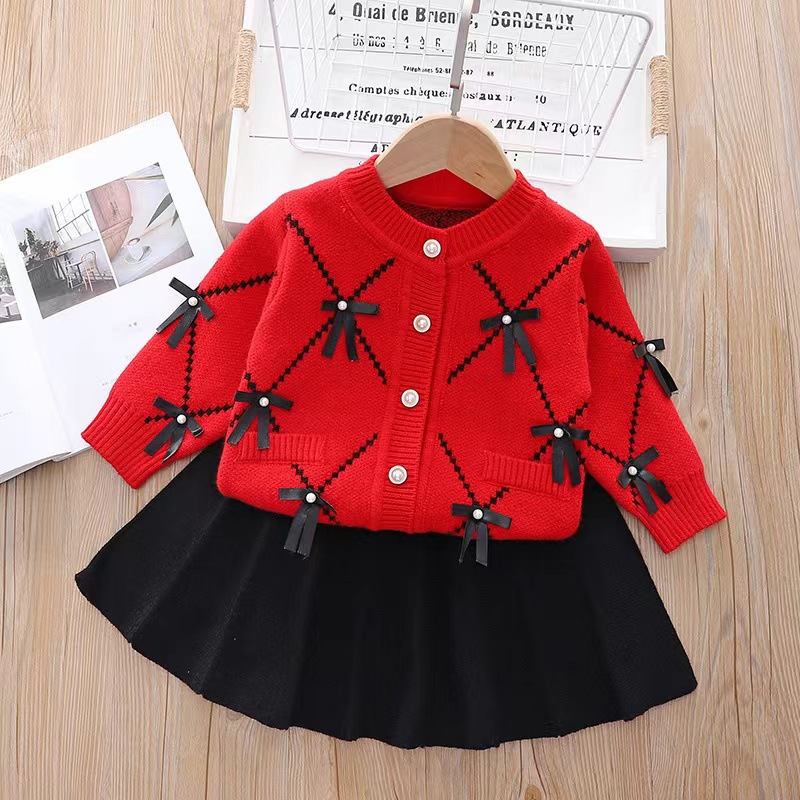 Xiaoxiangfeng Mädchenpullover, zweiteiliges Strickset für Kinder, neues Damen-Strickjackenset mit Schatzschleife_voghion.com