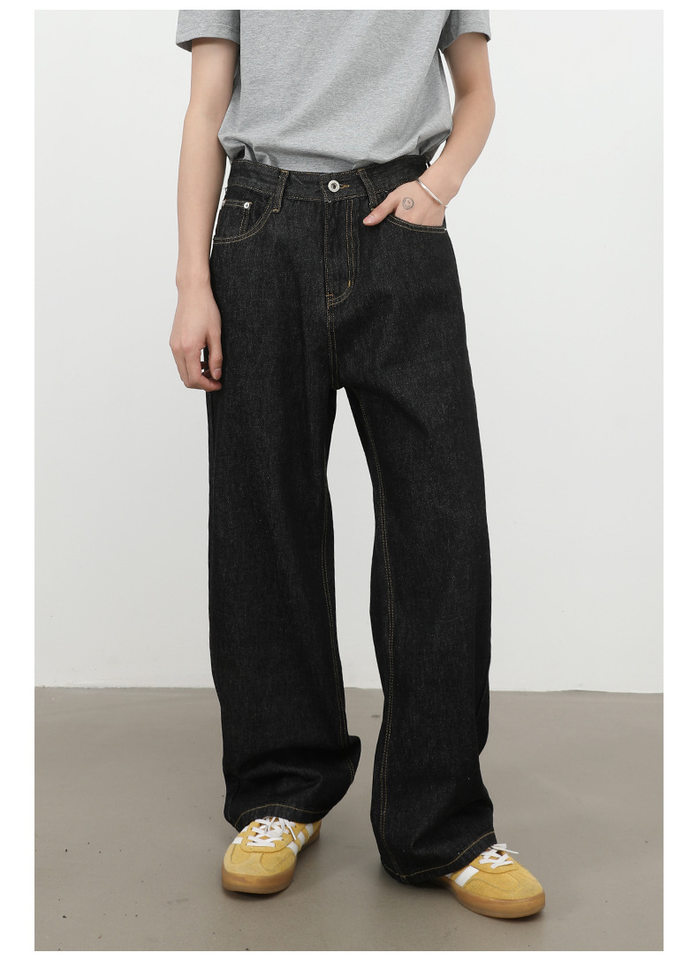 Quần jean nam ống rộng lưng giữa form suông thoải mái phong cách cơ bản — Denim đen, màu xanh denim chi tiết 13