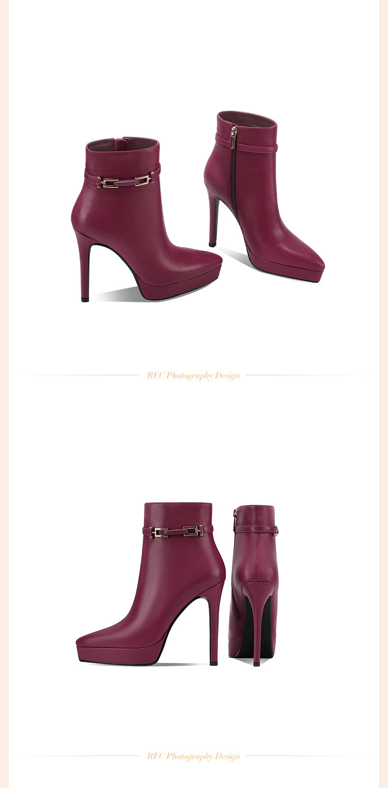 Boot nữ da bò mũi nhọn gót siêu cao 12 cm đế chống nước phong cách sàn catwalk — Màu mơ 12 cm (lông cừu) chi tiết 5