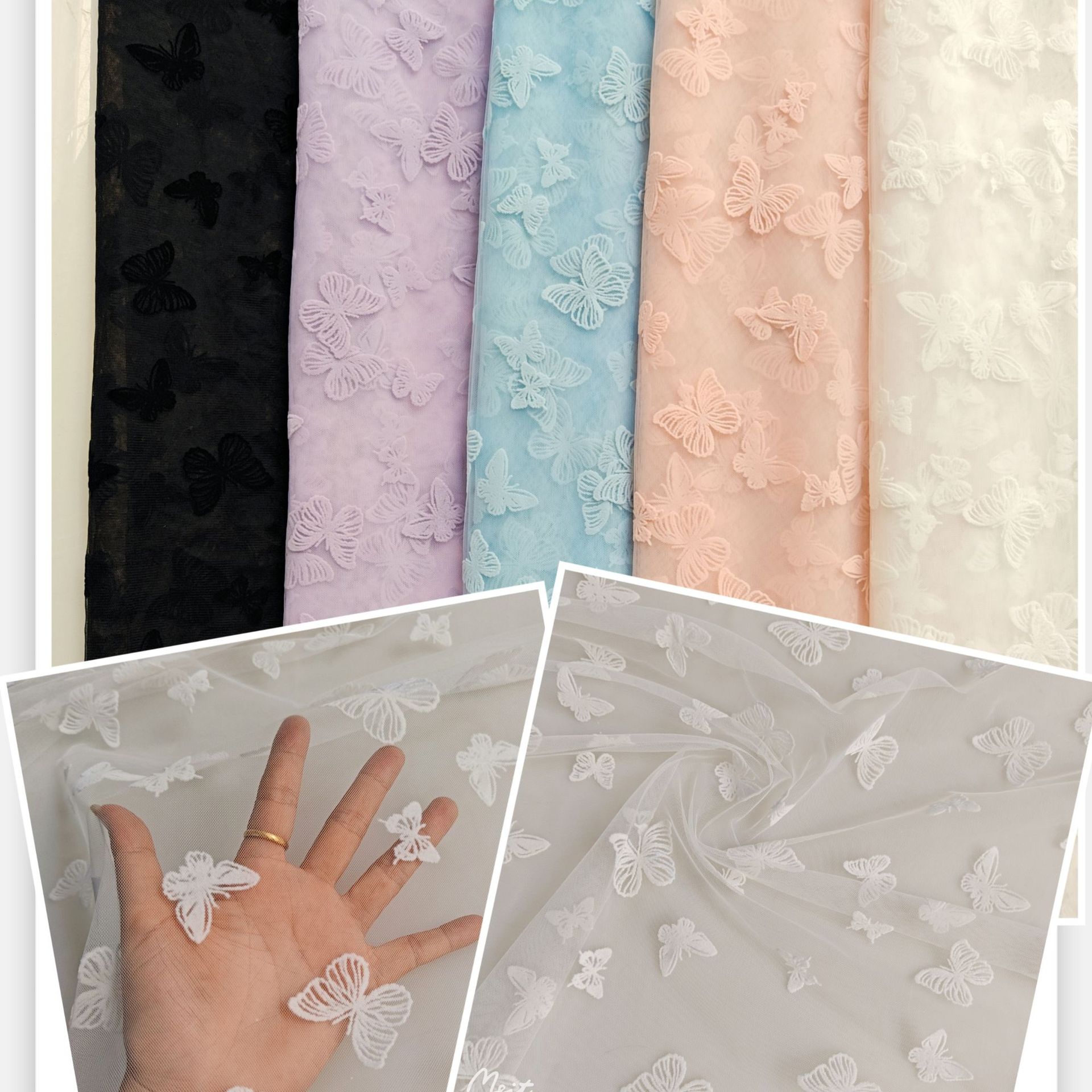 新款植绒~小清新仙气飘飘特密网纱大小蝴蝶双面立体植绒 裙装面料