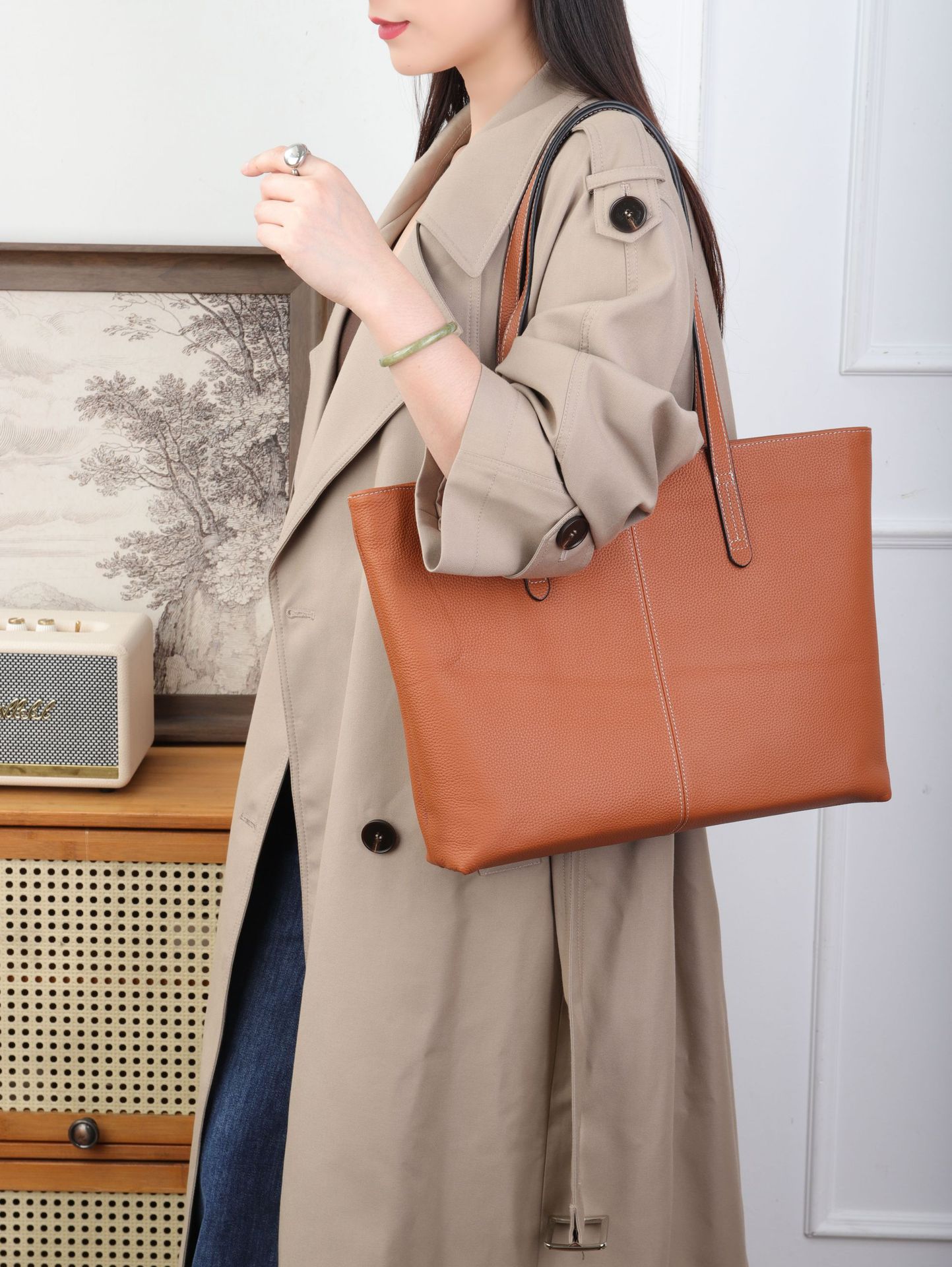 Top Grain Cowhide Leather Shoulder Bag For Women, Large Capacity Tote Bag, Simple Shopping Bag, Genuine Leather Laptop Briefcase For Commuting - Thumbnail 6