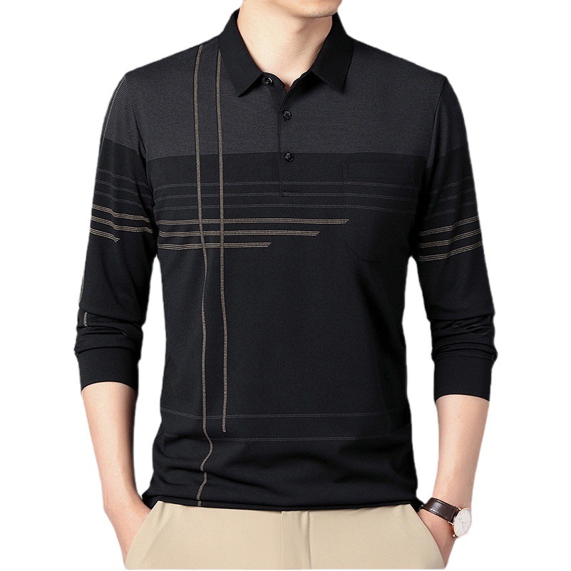 Primavera y otoño Camiseta de manga larga solapa de los hombres de mediana edad bolsillo transfronterizo bottoming pullover Camiseta polo camisa de los hombres