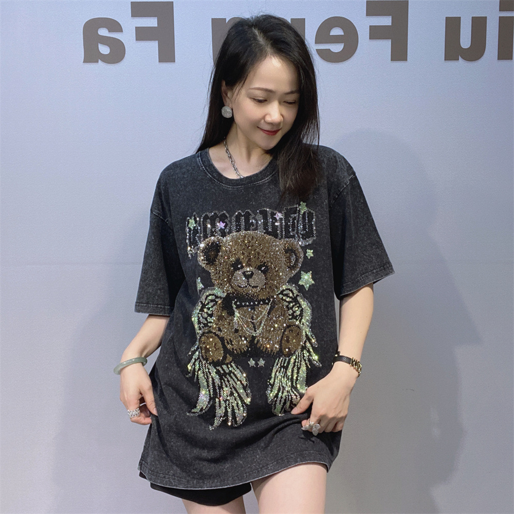Europa y los Estados Unidos ropa de mujer grande atado teñido caliente diamante cuello redondo camiseta de mangas cortas para hombres y mujeres el mismo algodón de verano chaqueta de diamante image 7
