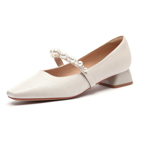 Fuhao women's new spring shoes  with pearls and belt satin square-toe low-heeled casual shoes