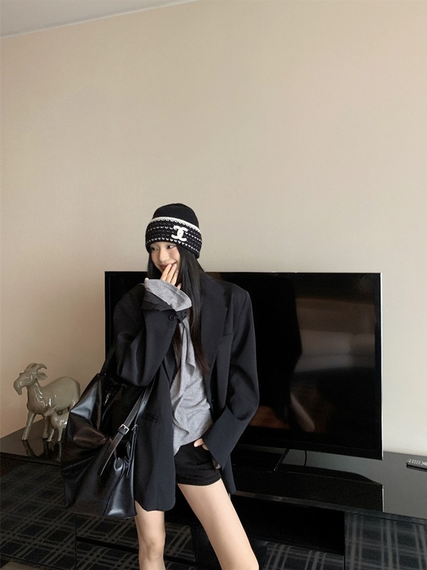 2025新款设计感黑色翻领西装外套女装秋季复古宽松中长款西服上衣|undefined