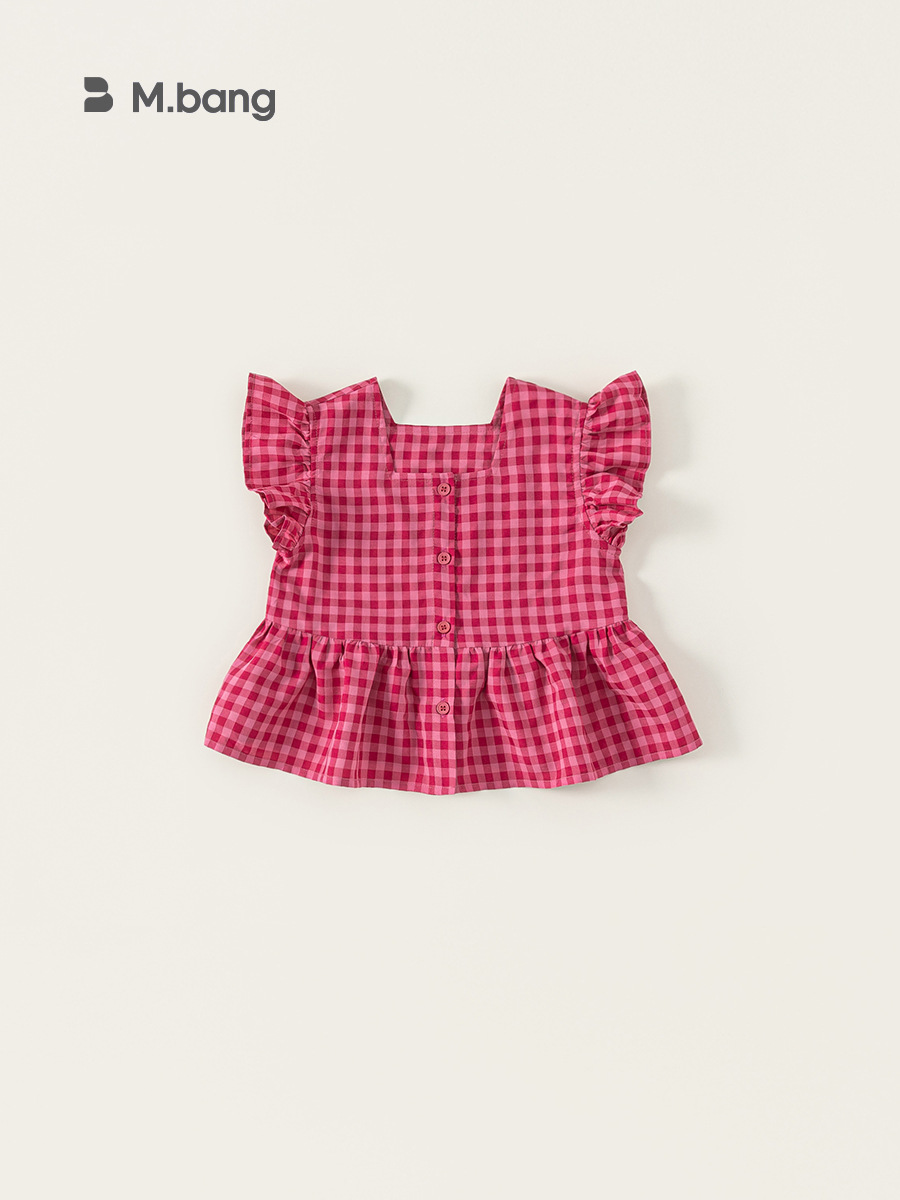 Youbao ropa para niños verano nuevo estilo coreano cuello cuadrado camisa de bebé blusa de encaje para niños niña pequeña camisa a cuadros con mangas voladoras