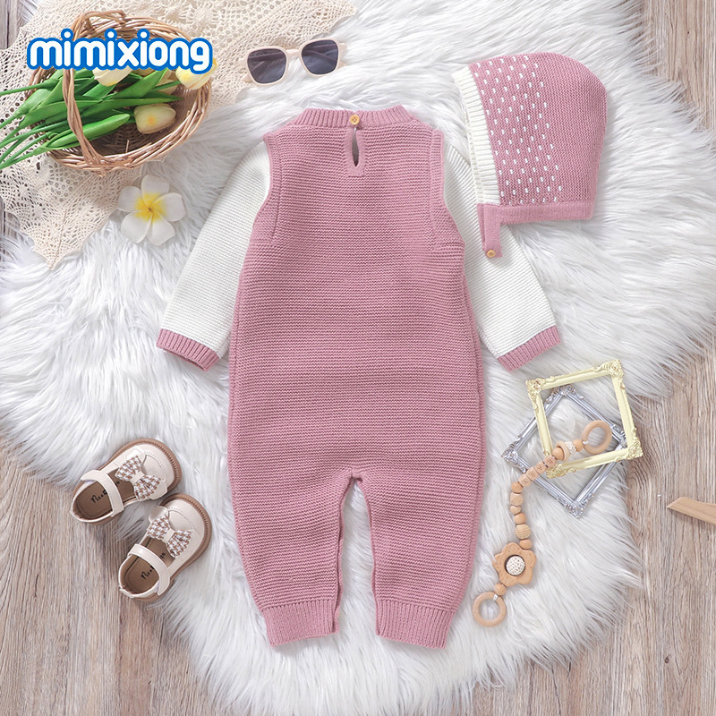 インホット販売新しい女の赤ちゃんニットリボンワンピースロンパース + 帽子セットロンパース|undefined