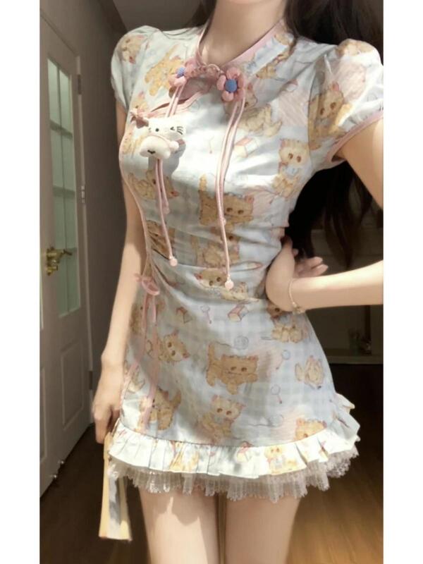 新中式国风短裙夏季收腰显瘦蕾丝拼接少女风甜美印花旗袍连衣裙女|undefined