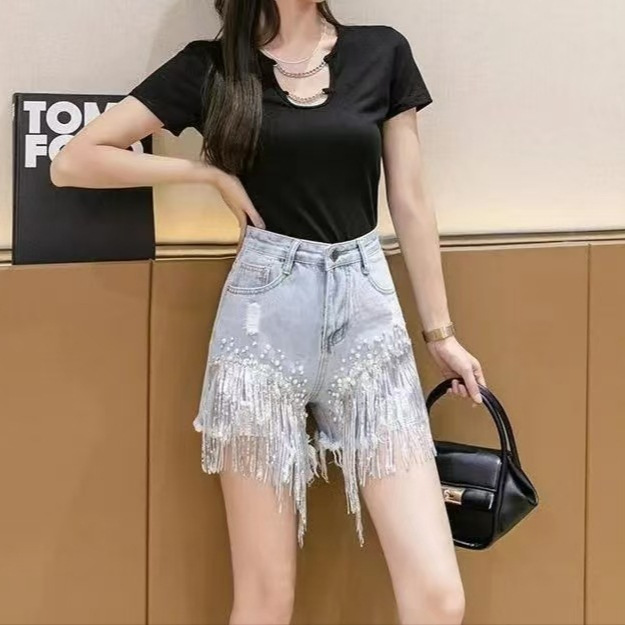 Trendy Denim Shorts for Women 2025 Summer New High-Waisted Loose Slimming Sequin Tassel Wide-Leg Hot Pants Fashion