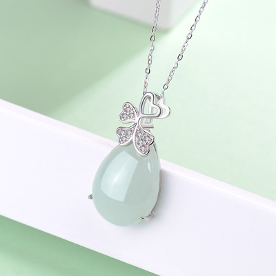 S925銀鑲四葉草水滴項鏈女款翡翠吊墜女時尚女玉墜玉情侶生日禮物