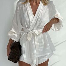 欧美女装2026夏季100%棉邹白色系带设计感上衣休闲宽松短裤两件套