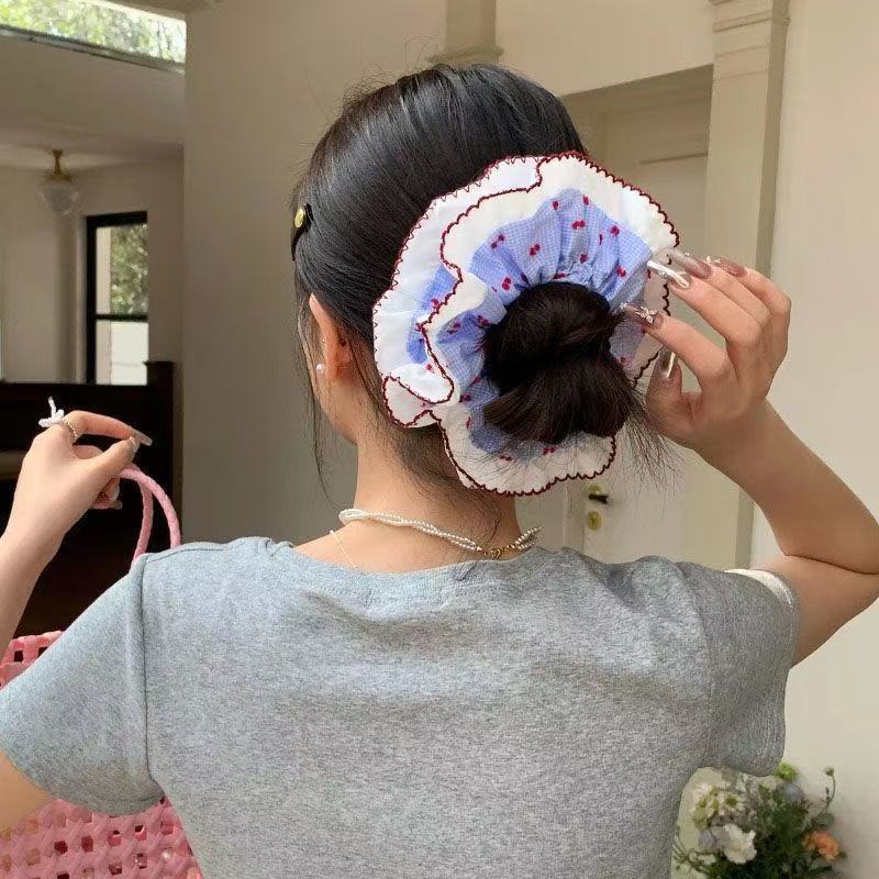 韩系格子蕾丝大肠发圈女2025新款发绳ins风超大号丸子头发饰头花|undefined
