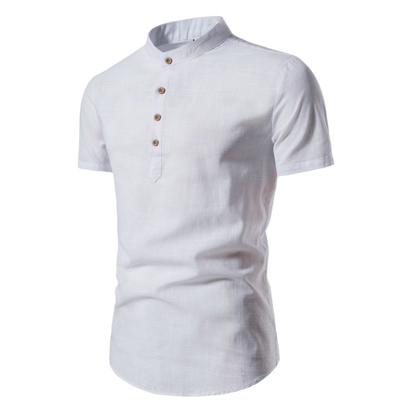 2023 caliente verano lino fino color sólido soporte collar hombres camisa casual manga corta comercio exterior camisa hombres M302