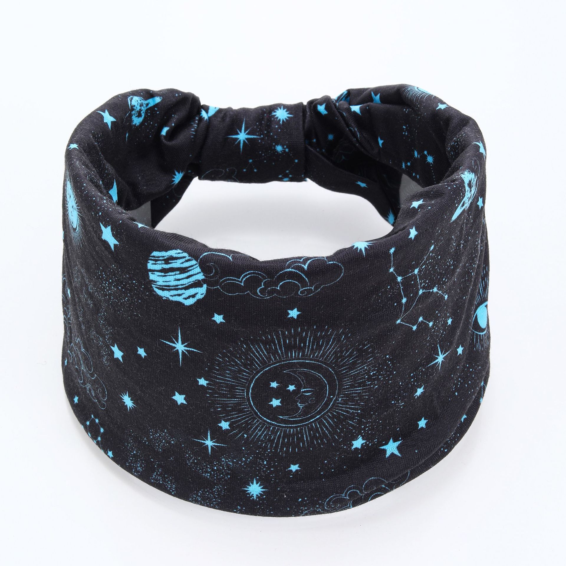 Banda de cabello de borde ancho de estilo nacional antideslizante para mujeres y niñas adornamiento de cabello de patrón de cuadrícula de estrella y luna flotante