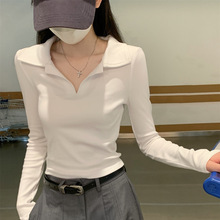 法式Polo领早春新款甜辣高级感设计感小众长袖t恤打底衫显瘦上衣