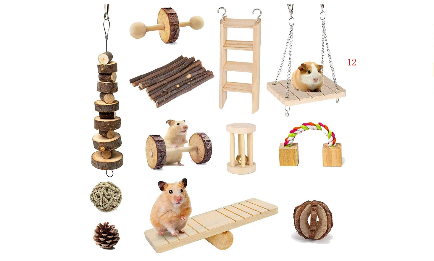 Игрушки для хомяков: жевательные шпажки из яблочного дерева, качели-балансир, лестница, набор из 12 предметов, популярные комбинированные игрушки для хомяков
