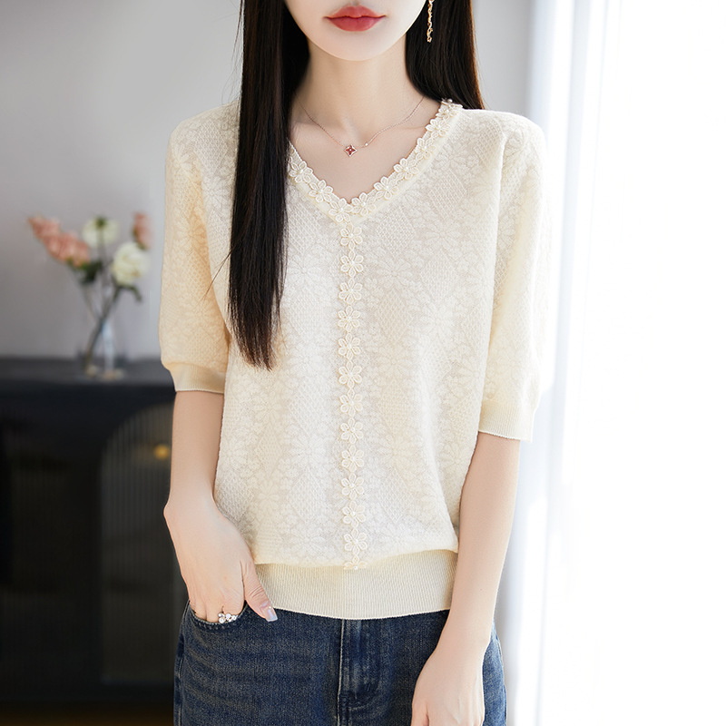 小香风重工钉珠提花针织短袖t恤女新款漂亮小衫高级感V领女装上衣|undefined