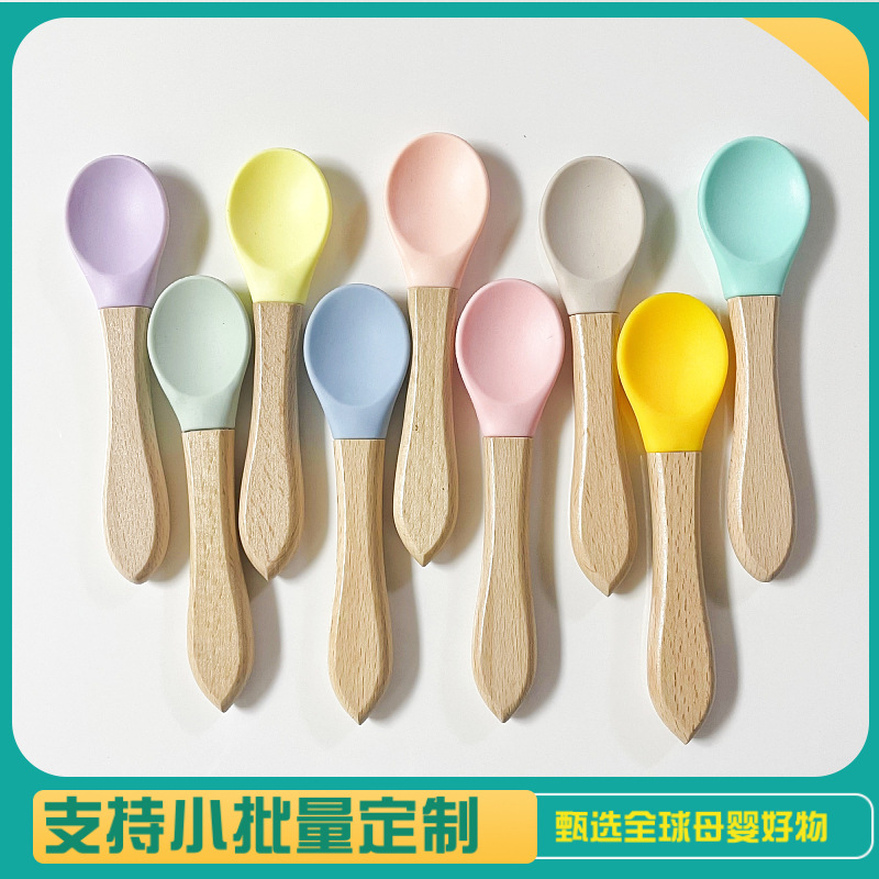 Baby Food Supplementation Spoon Silicone Pet Canned Spoon Wooden Handle Spoon Baby Food Grade Material Kitten Wet Food Feeding