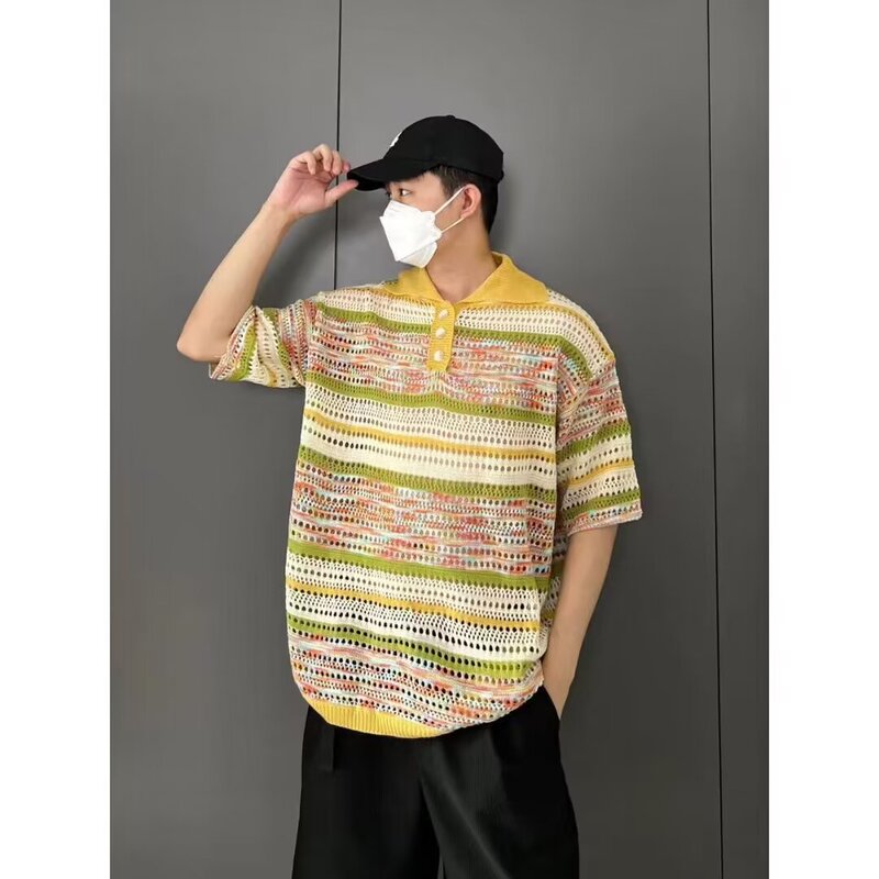 American Retro Stripesd Cut Out Contrasting Color Knitted Polo Shirt Loose Men's Summer New Lapel Casual Short-Sleeved T-Shirt