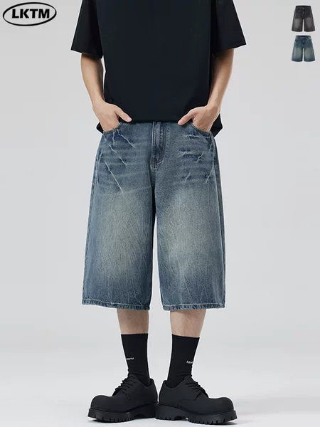 LKTM Men's# American Retro Old Blue Lightning Pattern Denim Shorts Men's and Women's Loose Straight Shape Cropped Pants