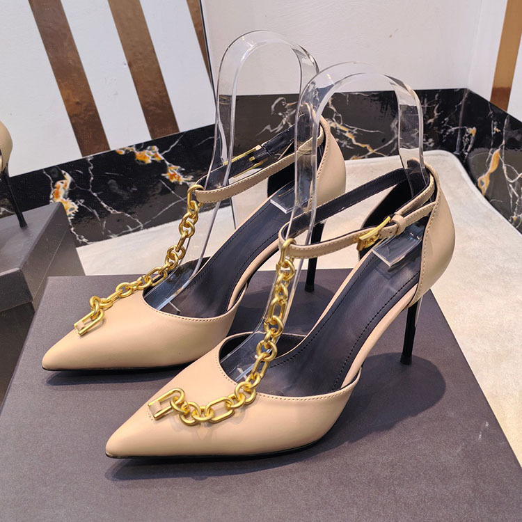 European and American Spring and Summer New Catwalk Metal Chain Hollow High-Heeled Shoes Pointed Toe Stiletto Heels Fashionable Sandals Large Size Shoes