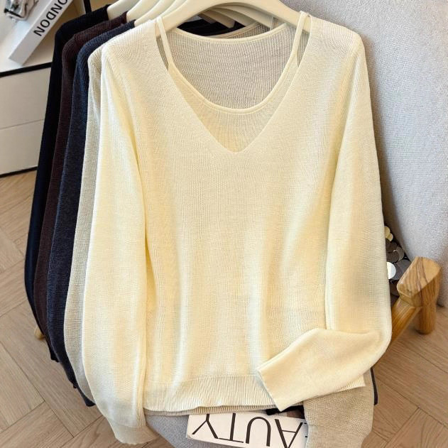 Real Shot of In-Stock 6 Wool Faux Two-Piece Knit Top for Women, New Autumn Style, Loose and Stylish Base Top
