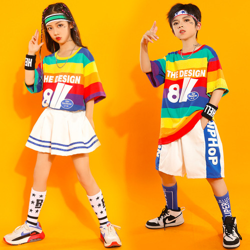 Children's street dance clothing, summer boys' hip-hop suits, short-sleeved girls' jazz dance practice clothes, kindergarten performance clothes