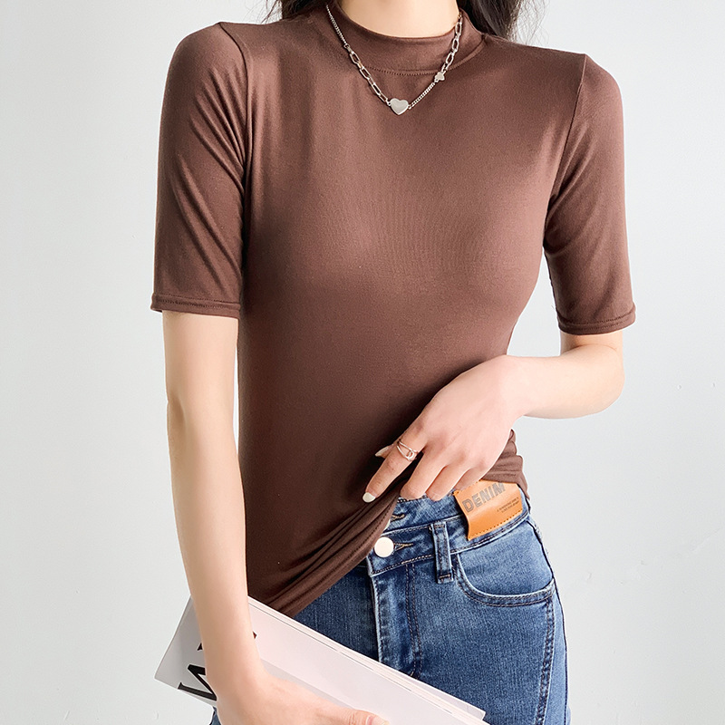 H525 七分袖スモールスタンドカラー Tシャツレディース夏薄手スリムボトムシャツ半袖インナー痩身トップミッドスリーブレディース|undefined