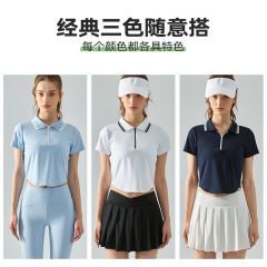 Spring and summer polo lapel short-sleeved T-shirt for women half-zip yoga short-sleeved cross-border nude slim fitness clothing top for women