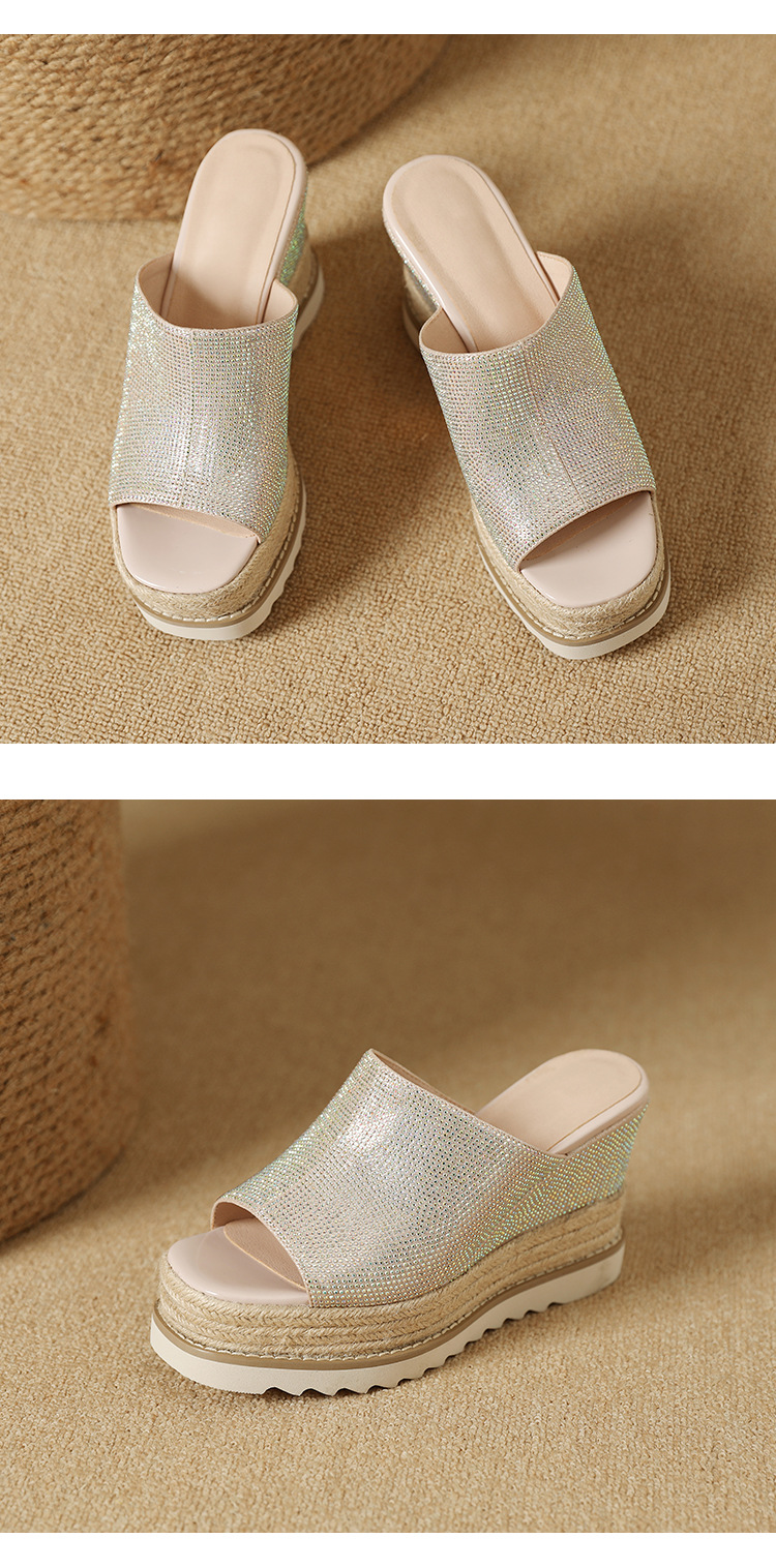 Sandal cao gót nữ đế xuồng đan rơm mũi hở đính đá — màu hồng nhạt, bạc chi tiết 10