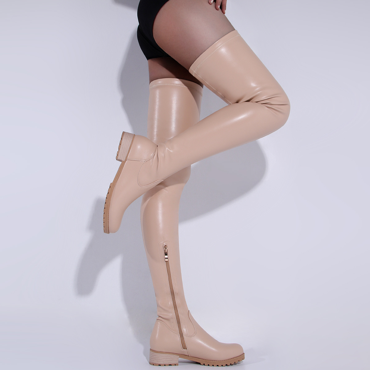 Women's Shoes mid heel retro round toe 40 43 zipper PU leather long boots women boots_voghion.com