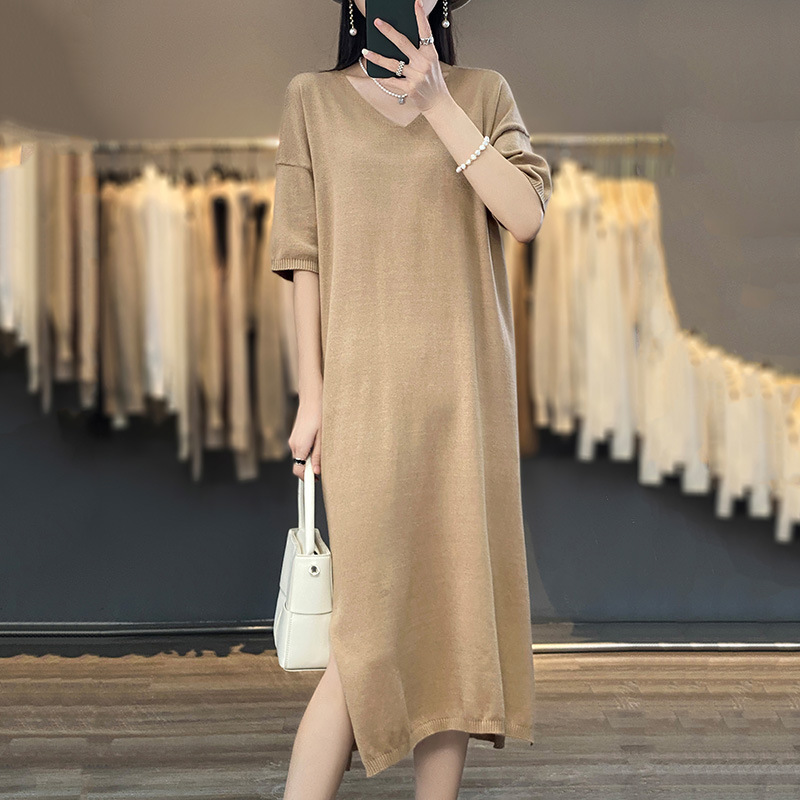 2023 Spring New Cotton Dress Women's Dropped Shoulder Short-sleeved V-neck Super Long Over-the-knee Thin Loose Lazy Fashionable