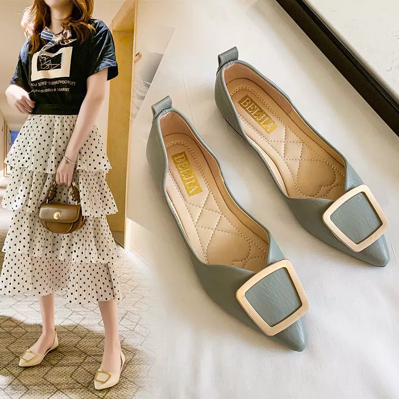 Мягкие кожаные туфли без шнуровки, женские туфли на плоской подошве, универсальные элегантные весенне-Летние кожаные туфли с острым носком, 2023 новые туфли в горох