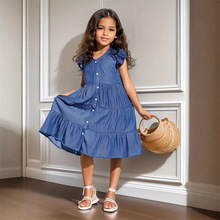 外贸童装新款亚马逊春夏欧美新款休闲通勤纯色宽松牛仔连衣裙