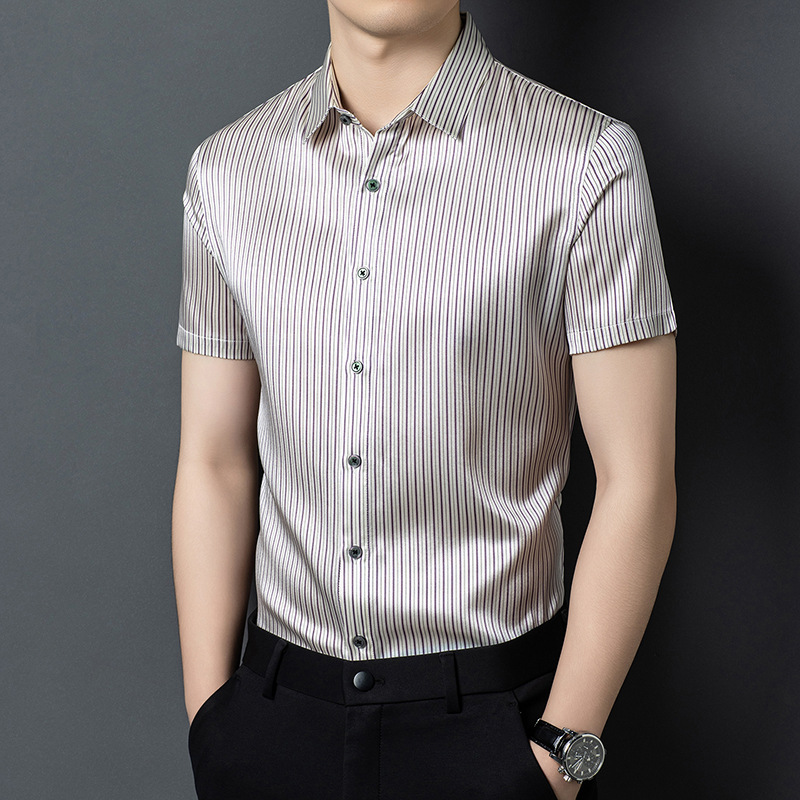 Áo sơ mi nam tay ngắn lụa tơ tằm Mulberry cao cấp, phong cách thời trang thoáng mát — sọc xanh
