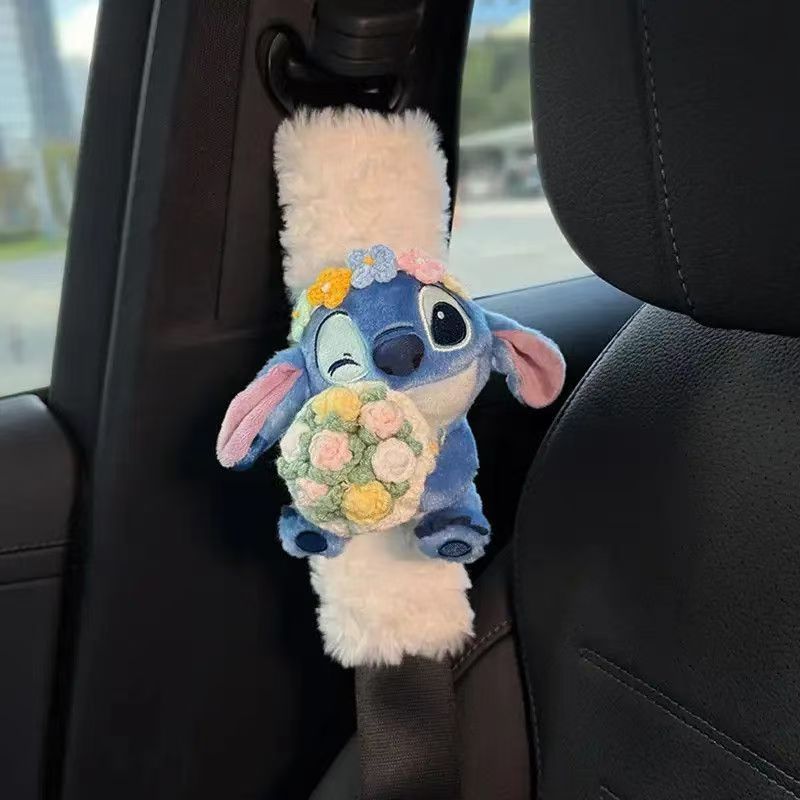 Cute Stitch car seatbelt shoulder pads, a pair of couple car decorations, plush dolls with a high-end feel for women