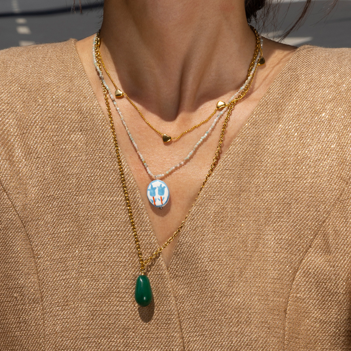 Collar de acero inoxidable TINA Europa y América Collar de colgante de piedra natural ligero de nicho Ti acero no desvanece cadenas clavículas transfronterizas