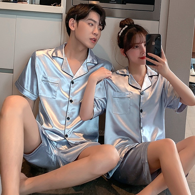 Pajamas de pareja de hielo de verano de mangas largas damas cardigan casuales sueltos primavera y otoño hombres de mediana edad ropa para el hogar grande