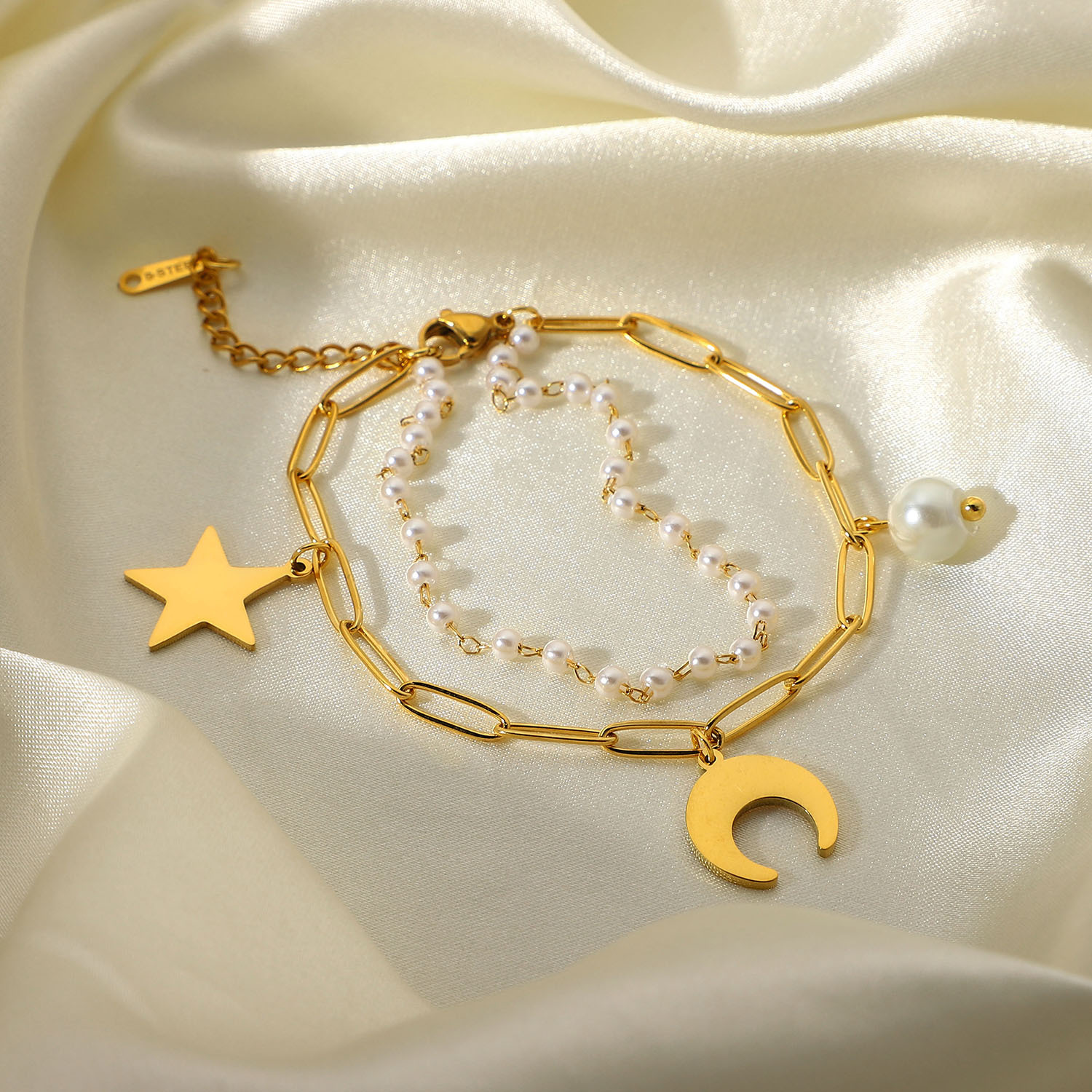 Bracelet double couche avec pendentif toile lune en acier inoxydable plaqu or 18 caratspicture7