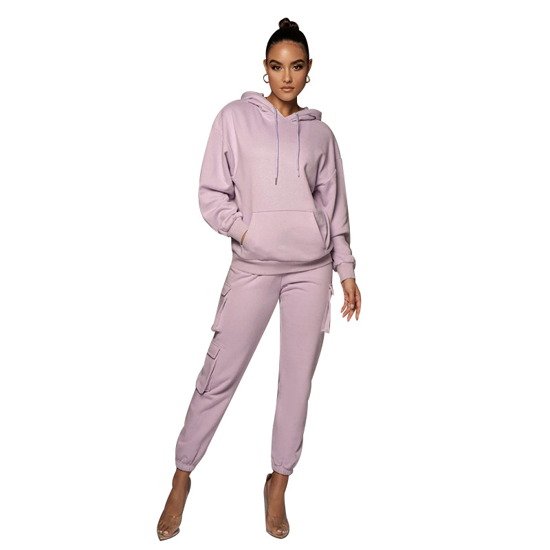 2021 cross-border European and American autumn and winter urban casual solid color hooded pocket trousers women's drawstring long-sleeved sweater suit