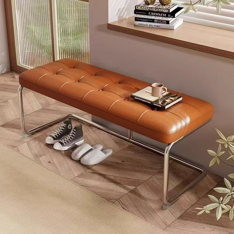 Long bench for living room, American mid-century style, Nordic stainless steel dining table bench, comfortable seat for entryway and shoe changing