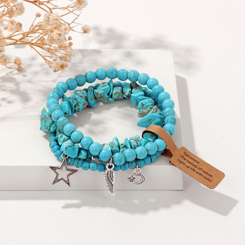 Gemstone beads bracelet set label simple new star leaf pendant elastic cord bracelet cross-border