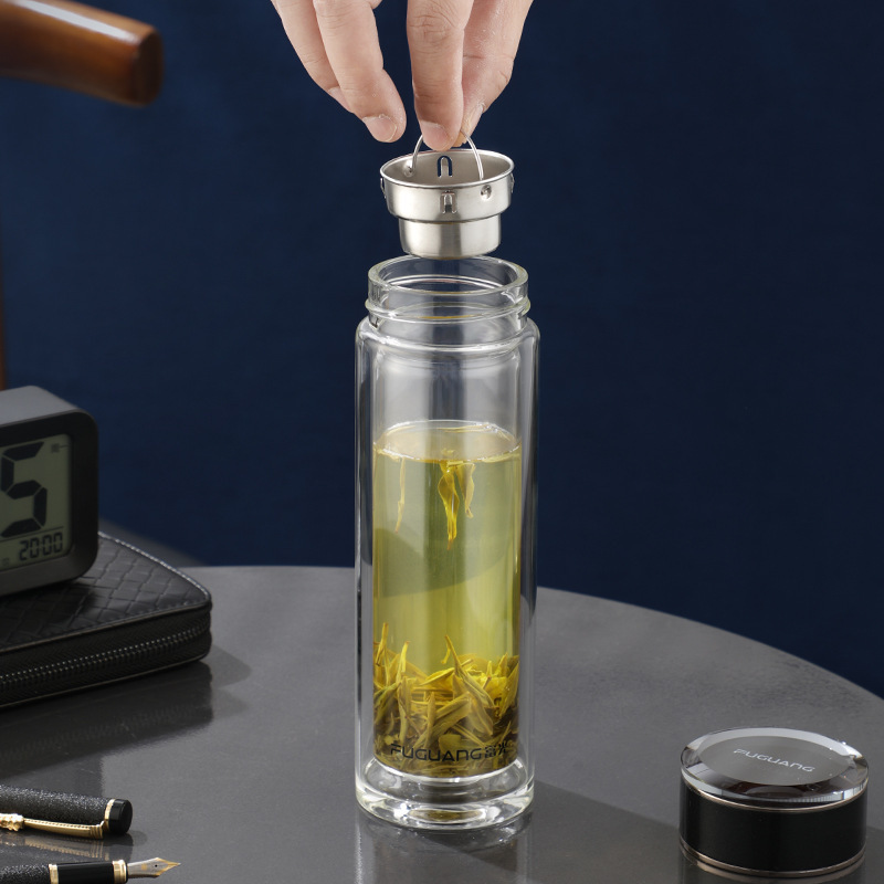 富光G2012大容量雙層玻璃杯手柄辦公杯男士商務茶杯弧形水杯