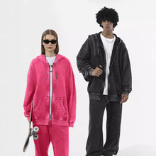 欧码洗水做旧拉链男士卫衣棉大毛圈连帽开衫帽衫复古风美式街头