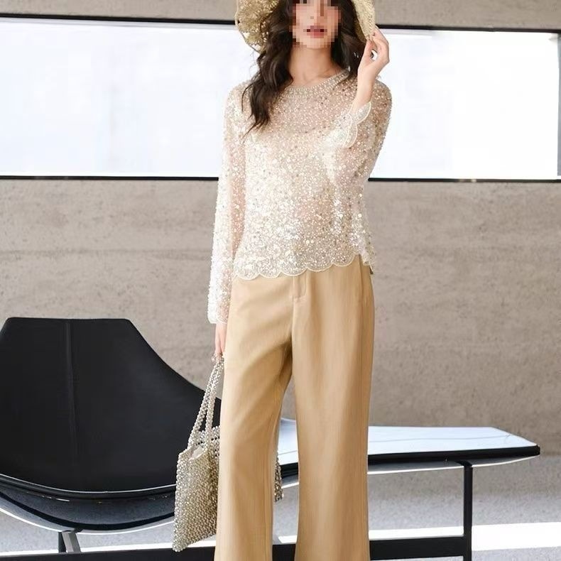 2026 New Style Sheer Sequined Beaded Round Neck Top, Heavy-Duty Performance Style, Long-Sleeved Lace Evening Dress