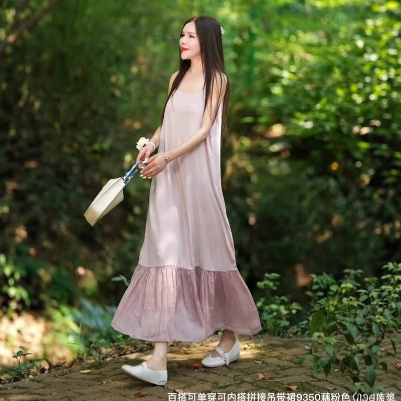 Rayon Hem Spliced Ramie Suspender Skirt 2025 New Summer Style Elegant Loose Inner Dress for Women 9350 Rayon Hem Spliced Ramie Suspender Skirt 2025 New Summer Style Elegant Loose Inner Dress for Women 9350
